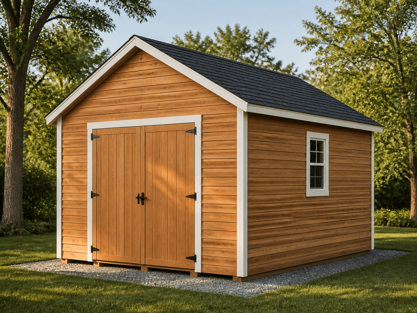 Three-quarter exterior view of a 12 by 16 gable storage shed with cedar siding and double doors